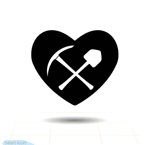 白地にピックアックス シャベル アイコンハートブラックを分離 シルエットシンプルなベクトル 愛のシンボル バレンタインデーのサイン エンブレム グラフィックとウェブデザインのためのフラットスタイル ロゴイラスト — ストックベクタ