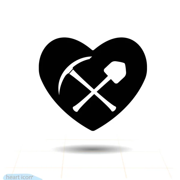 Piqueta Pala Corazón Icono Negro Aislado Sobre Fondo Blanco Silueta — Vector de stock