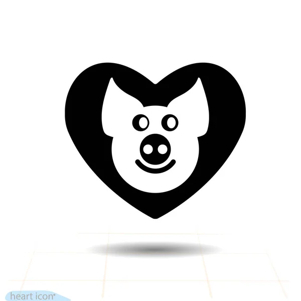 Niedliches Schweinchen Herzvektor Schwarzes Symbol Liebessymbol Valentinstag Zeichen Emblem Cartoon — Stockvektor