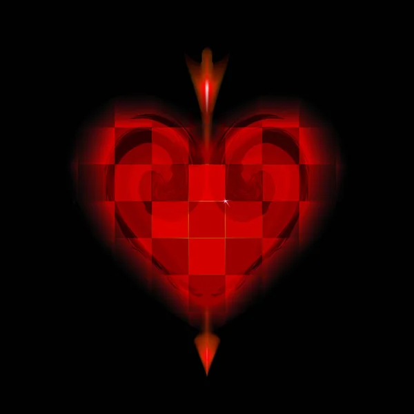 キューピッドの矢印は 細胞の赤い心臓を貫通した バレンタインデーの愛のアイコン アムール黒を背景に愛する 光沢のあるデザインのベクトルイラストで照らされたアーダント 確認しました 幸せなケージをセル — ストックベクタ