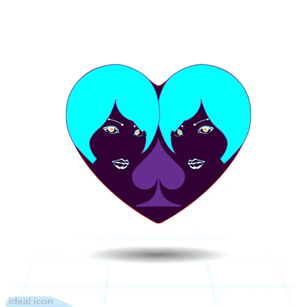 Corazón Vector Icono Negro Símbolo Amor Dos Hermosas Rubias Lindas — Archivo Imágenes Vectoriales