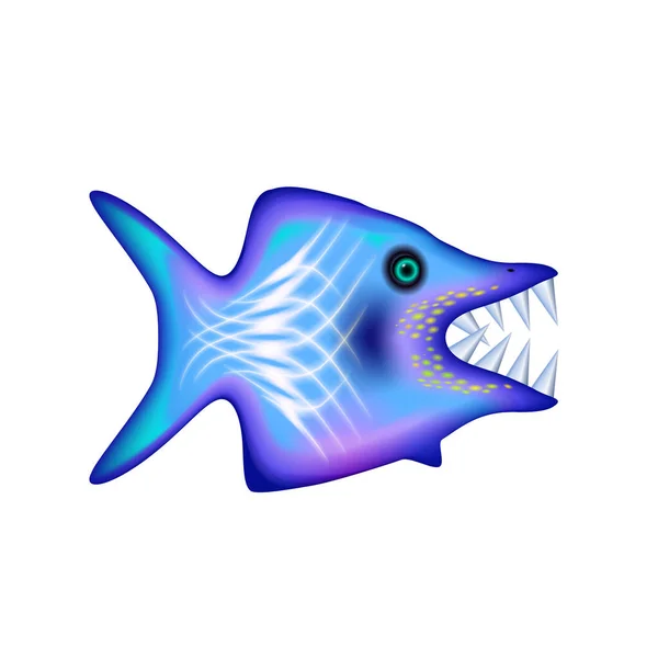 大きな歯を持つ怒っている漫画の魚 青い面白い孤立した文字 海と海のデザイン ウェブ 広告食品海のため ベクターイラスト Eps — ストックベクタ