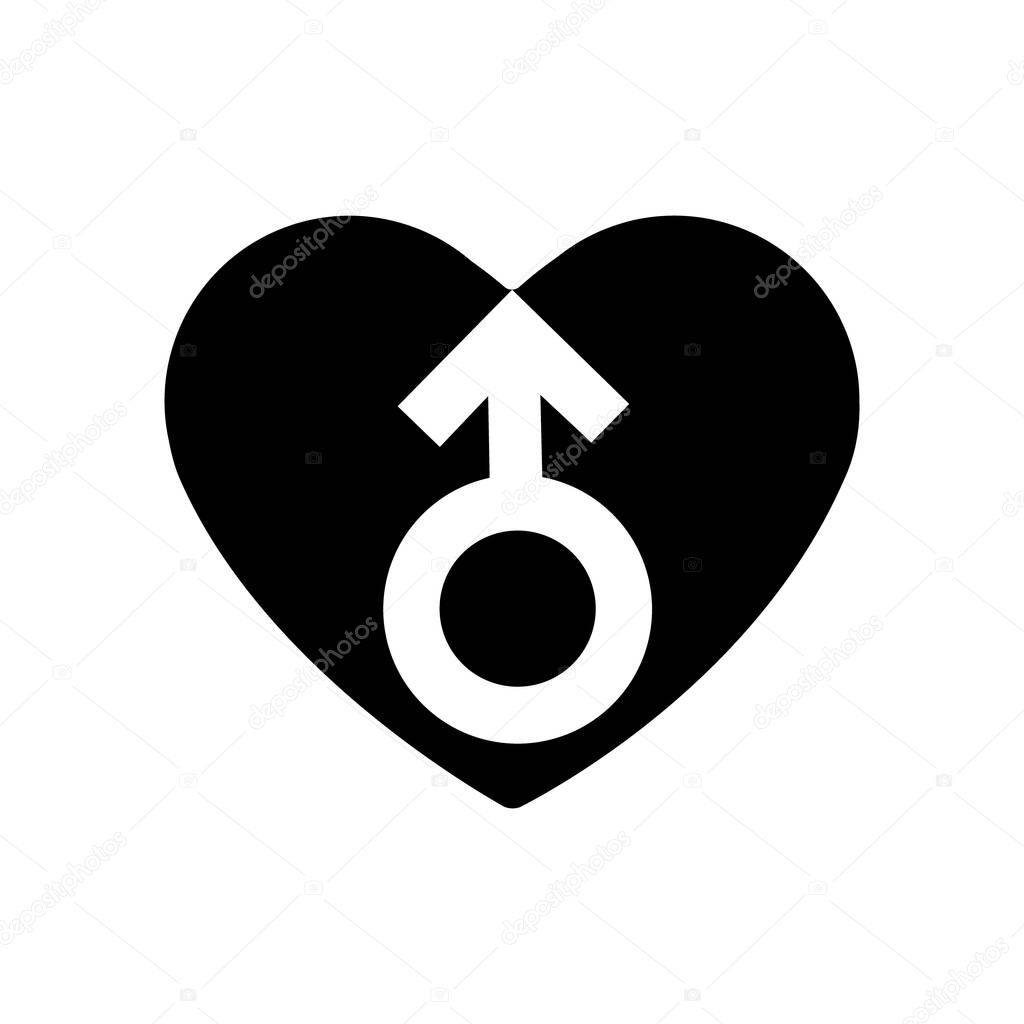Gender men signs in black heart icon. A symbol of love. Valentines Day. Flat style for graphic design, logo. A lot of soot. A happy love. Vector illustration.