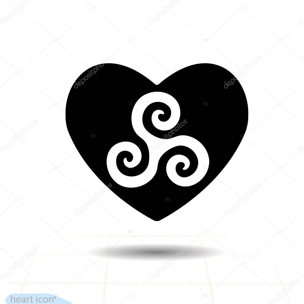 Triskelion sign in heart. Heart vector black icon, Love symbol. Valentine s day emblem, Flat style for graphic and web design, logo.