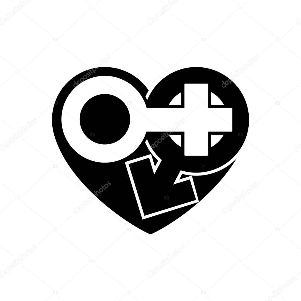 Gender icons in black heart. A symbol of love. Valentines Day. Flat style for graphic design, logo. Happy love. Vector Sign male and female sign. Symbol sexual affiliation. Vector illustration eps 10.