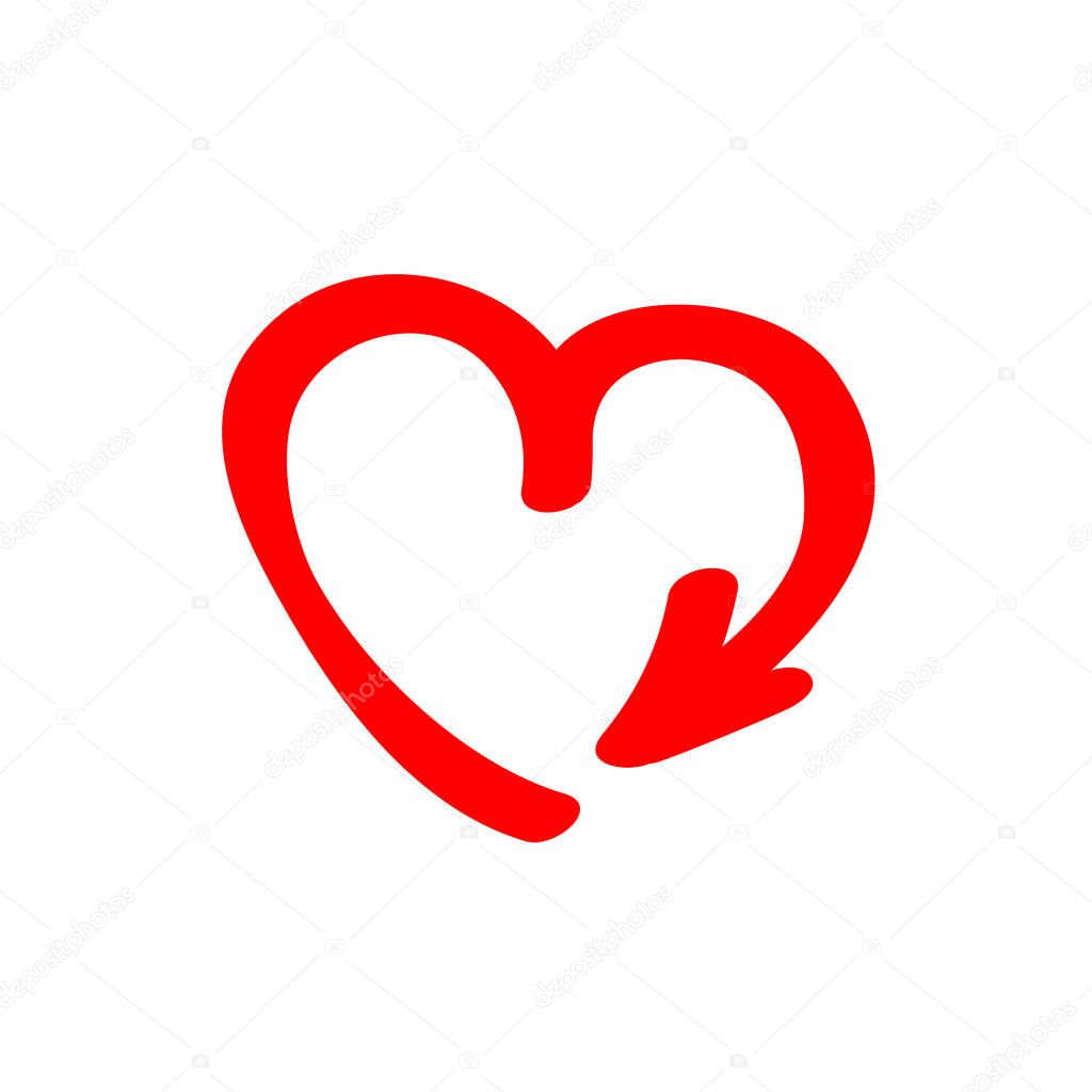 Red curved arrow, heart sign, icon isolated on white background. Cyclic frame. Abstract design element for Valentines Day. Love symbol. Vector illustration Eps 10.