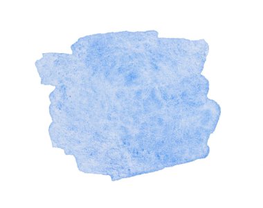 Mavi geniş suluboya fırça darbesi arka planı. Elle çizilmiş su dokunuşları, kağıt dokusu, beyaz arka planda izole edilmiş bir nokta. Islak fırça boyalı soyut çizimi. Sanatsal şablon tasarla.