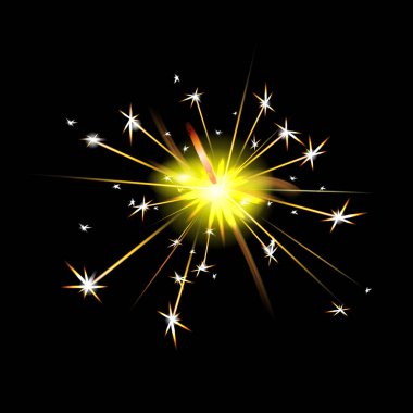 Yeni yıl Bengal ateşi. Siyah arka planda izole edilmiş maytap. Vektör ışığı etkisi. Parti arkaplanı. Havai fişek sihirli ışık. Kış Xmas çizimi.