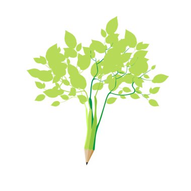 Filizlenmiş kalem ve basit bir yeşil çalı haline geldi. Tahta keskinliğinde soyut, beyaz arka planda izole edilmiş, vektör illüstrasyonu.