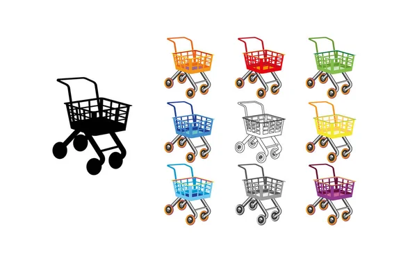 Establecer Icono Carrito Compras Diseño Plano Juguete Dibujos Animados Diseño — Vector de stock