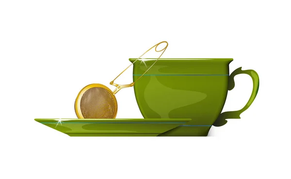 Goldtee Siebe Und Grüne Tasse Tee Isoliert — Stockvektor