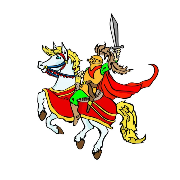 Wesoły Rycerz Mieczem Koniu Siedząca Postać Kreskówki Czerwonym Płaszczu Ilustracja — Wektor stockowy