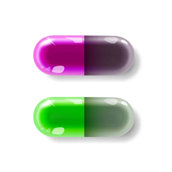 Due Capsule Pillola Viola Verde Realistico Isolato Sfondo Chiaro Matrice — Vettoriale Stock