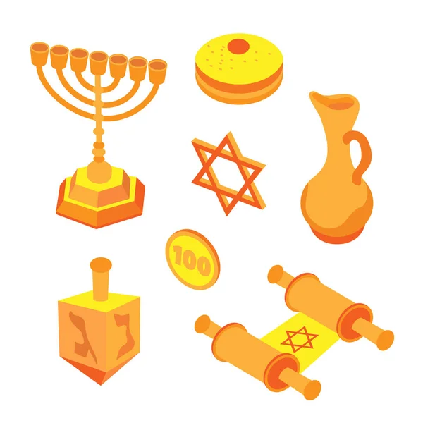 Conjunto Hanukkah Plana Isométrica Ícones Férias Judaicas Com Velas Menorah — Vetor de Stock