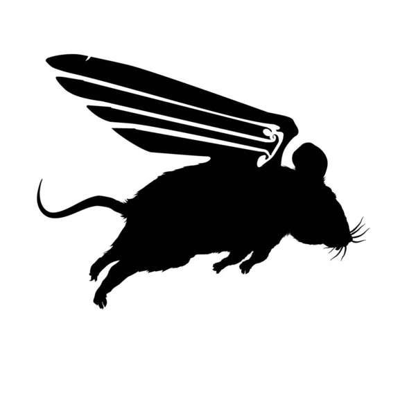 Souris Drôle Avec Des Ailes Volantes Silhouette Noire Illustration Vectorielle — Image vectorielle