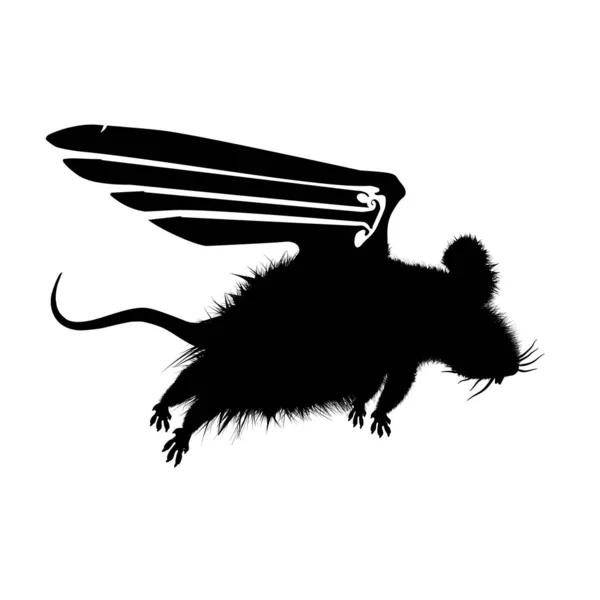 Souris Drôle Avec Des Ailes Volantes Silhouette Noire Illustration Vectorielle — Image vectorielle