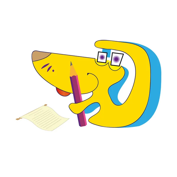 Educational Template Happy Yellow Cartoon Dog Sitting Write Letters Vector — Stock Vector