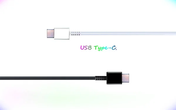 Set Cable Usb Tipo Realista Blanco Negro Plug Vector Auriculares — Vector de stock