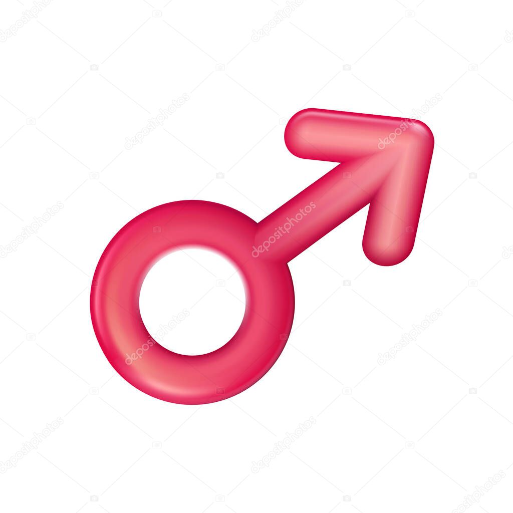 Gender male sign red icon, plastic realistic illustration. Men sex symbol isolated. Toy, sign 3d. Vector sexual affiliation. Happy love sign made in 3d modern style, symbol or design for web or print.