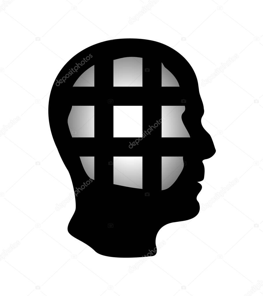 Cell in human head being in jail, struggle, lack of creativity, restrictions on the freedom of thought concept. Business concept vector illustration Eps 10.