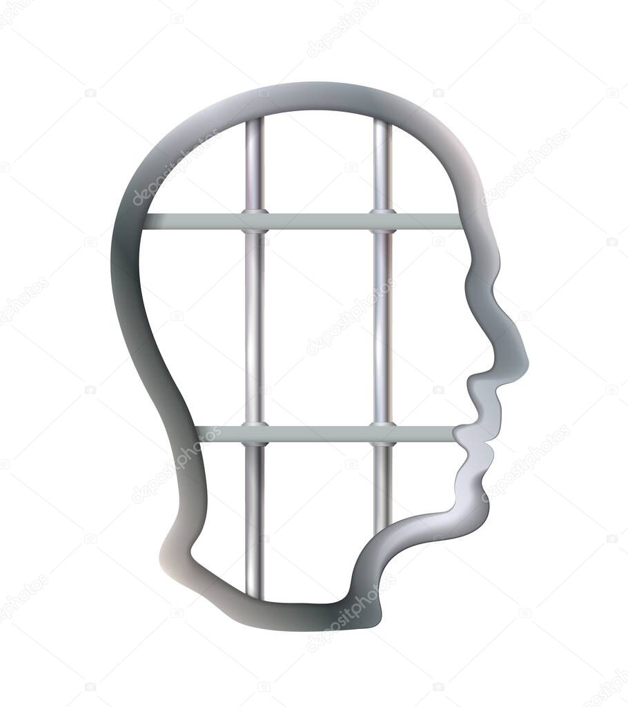 Metal cell in human head being jail, struggle, lack creativity, restrictions freedom of thought concept. Business. Isolated freedom concept. Symbol prison bars. Detention centre. Vector illustration.