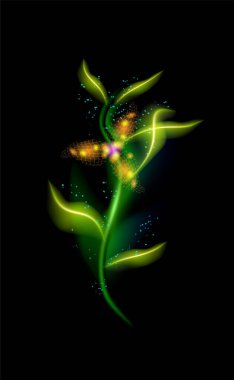 Portakal çiçeği, modern parıltı. Siyah arka planda renkli süs çiçekleri. Tasarımınız için dekoratif lüks ışıltılı güzel moda aydınlatma süslemeleri EPS 10