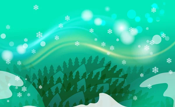 Veselé Vánoce Vinobraní Pozadí Zelenými Stromy Ozdoby Lehkých Sněhových Vloček — Stockový vektor