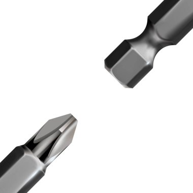 Metal fillips bit, beyaz arkaplanda izole edilmiş kablosuz matkap için çapraz tornavida. resimleme