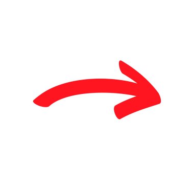 Small red curved arrow sign, slightly rounded symbol and icon for business or website button decoration in isolated light background. Vector illustration Eps 10.