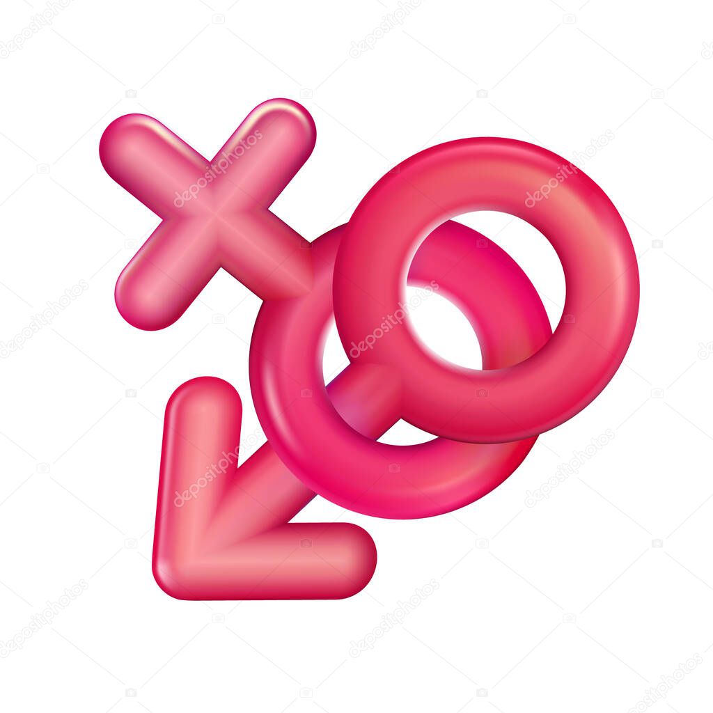 Sex red icon plastic realistic illustration. Male and female sex symbol woven on isolated light background. Toy, sign gender in 3d. Vector sexual affiliation. A happy love EPS 10