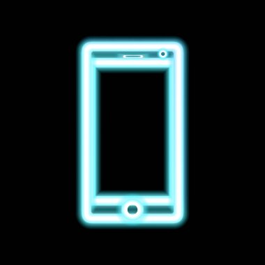 Cep telefonu neon alet ikonu, akıllı telefon işareti. Siyah yerine parlak bir sembol. Moda ışıkları. Tablet bilgisayar, mesajlar. Cep telefonu ya da telefon. Dokunmatik ekran. Mobil sohbet. Parlak tasarımlar. Vektör illüstrasyonu.