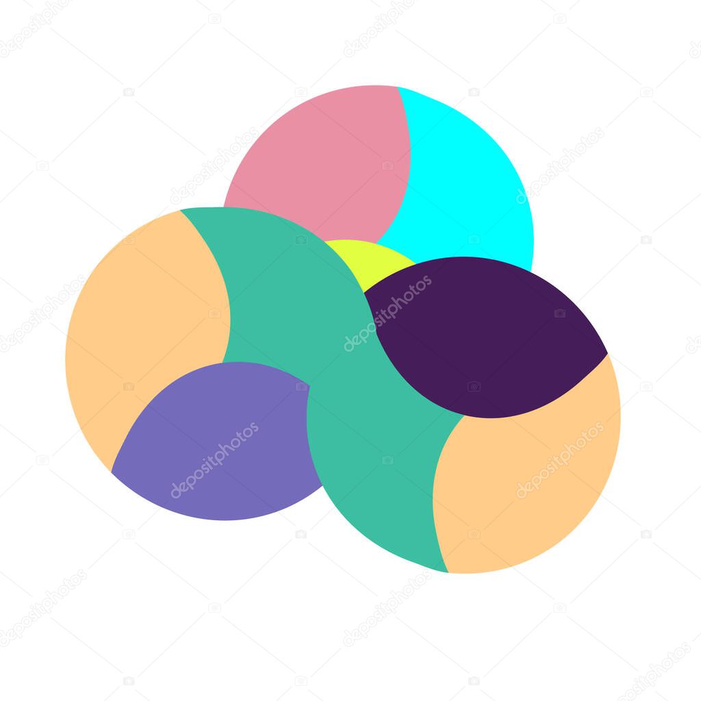 Abstract flat composition from three colorful spheres. Balance circles, geometry pastel colors icon. Vector template. Eps 10.