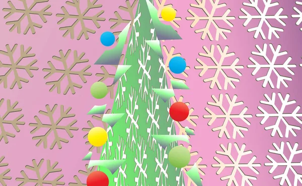 Vintage Weihnachtshintergrund Mit Grünem Baum Und Ornamenten Aus Leichten Schneeflocken — Stockvektor
