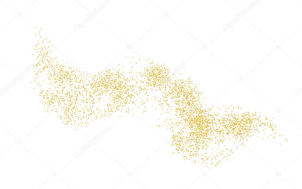 Horizontal wavy strip sprinkled with crumbs golden texture. Background Gold dust on a white background. Sand particles grain or sand. Vector backdrop golden path pieces grunge for design illustration.