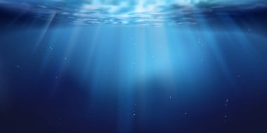 Su altı arka planı, okyanus ya da deniz yüzeyi suyun altından görülüyor. Işık huzmeleri, soyut deniz arkaplanı. Doğa manzarası, bulanık kirişler. Vektör illüstrasyonu Eps 10.