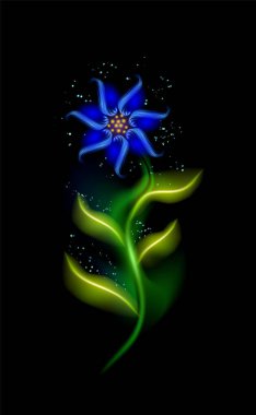 Modern mavi çiçek parlıyor. Siyah arka planda renkli kozmik çiçek elementleri. Tasarımınız için dekoratif lüks parıltılarla aydınlatılmış güzel süsler. Vektör çizimi. esp 10