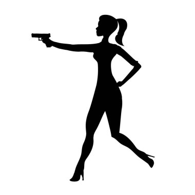 Soyut silueti kovan kız, izole edilmiş kadın silueti. Silahlı çatışmada güzel bir kadın casus. Kahraman hedefleri, film aksiyon çizgi filmi tarzı. Vektör illüstrasyonu Eps 10.
