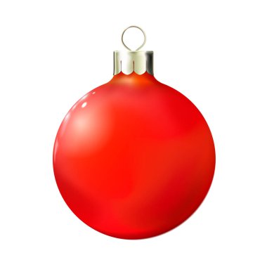 Kırmızı Noel topu beyaz, mücevherli 3D gerçekçi. Mutlu Xmas ve Yeni Yıl tasarım elemanı, parlak dekorasyon. Vektör illüstrasyonu Eps 10.