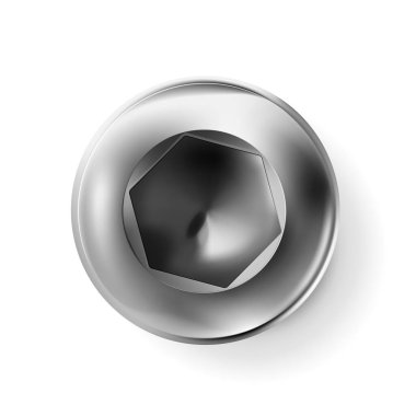 Metal imbus vida, silindir başlı cıvata. Yüzeyde beyaz arka planda izole edilmiş parlak başlık. Geniş bir şapka metalinin makro krom üst görüntüsü. Vektör illüstrasyonu Eps 10.