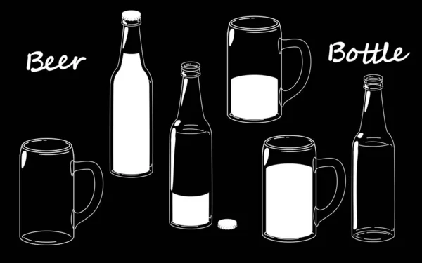 黒を基調にしたビールボトル レトロなライン ドローイング ガラスのシルエット 昔ながらのヴィンテージハンド ドローイング ベクトルイラスト分離 アルコール飲料 チョーク模倣品 Eps — ストックベクタ