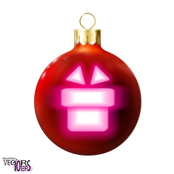 Palla Natale Rossa Regalo Decorato Lampada Neon Rosa Isolato Bianco — Vettoriale Stock
