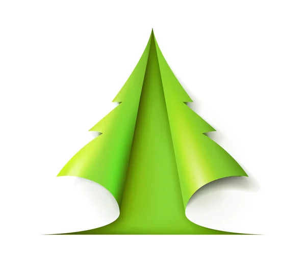 Beyaz kağıttan kesilmiş yeşil Noel ağacı. Tatil kartları için tasarım. Modern soyut xmas. Parlak element vektör illüstrasyon eps10.