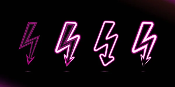 Set Flash Blesky Růžové Zářící Neonové Lampy Ikona Znamení Tlačítko — Stockový vektor