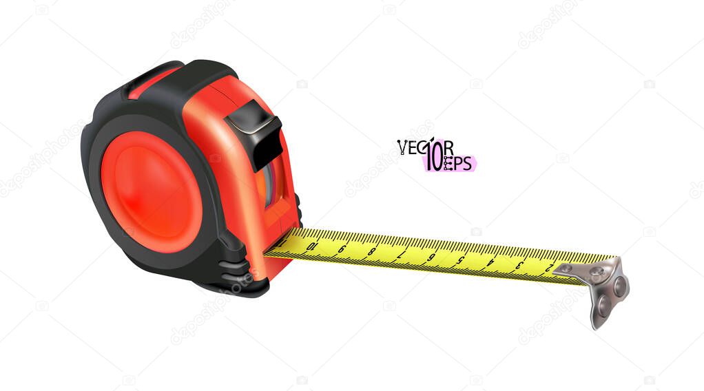 Red realistic Tape measure isolated on white background. Photo-realistic roulette construction tool isometric. Length measuring. Design case in red-black version. Vector illustration Eps 10.