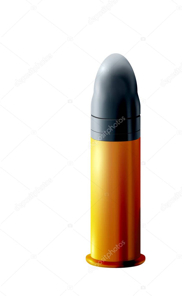 Cartridge 22 LR 3d golden, sleeve with bullet isolated. Realistic Gold or brass on light background, for firing pistol or rifle, Vector illustration. Single ammo, rimfire. Eps 10.