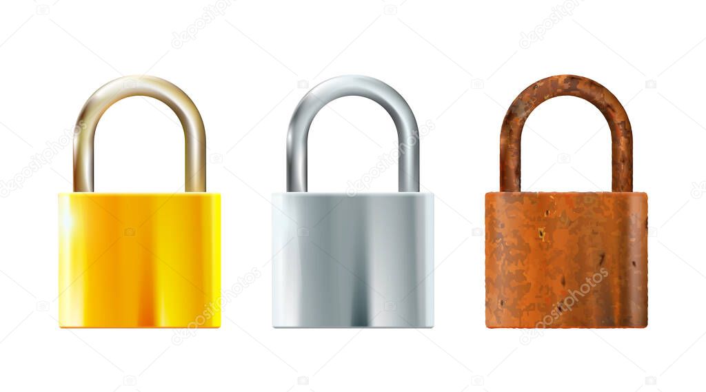 Three Locks set. Realistic Padlocks metal, gold and rusty. Closed lock, security icon isolated on white background. Vector illustration Eps10.