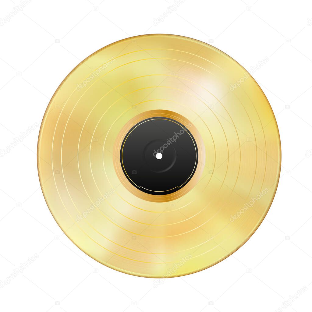 Realistic gold vinyl record isolated on white background. Gramophone LP, blank black label. Mockup disc. Highly detailed. Golden musical album. Vintage art old technology. Vector illustration Eps 10.