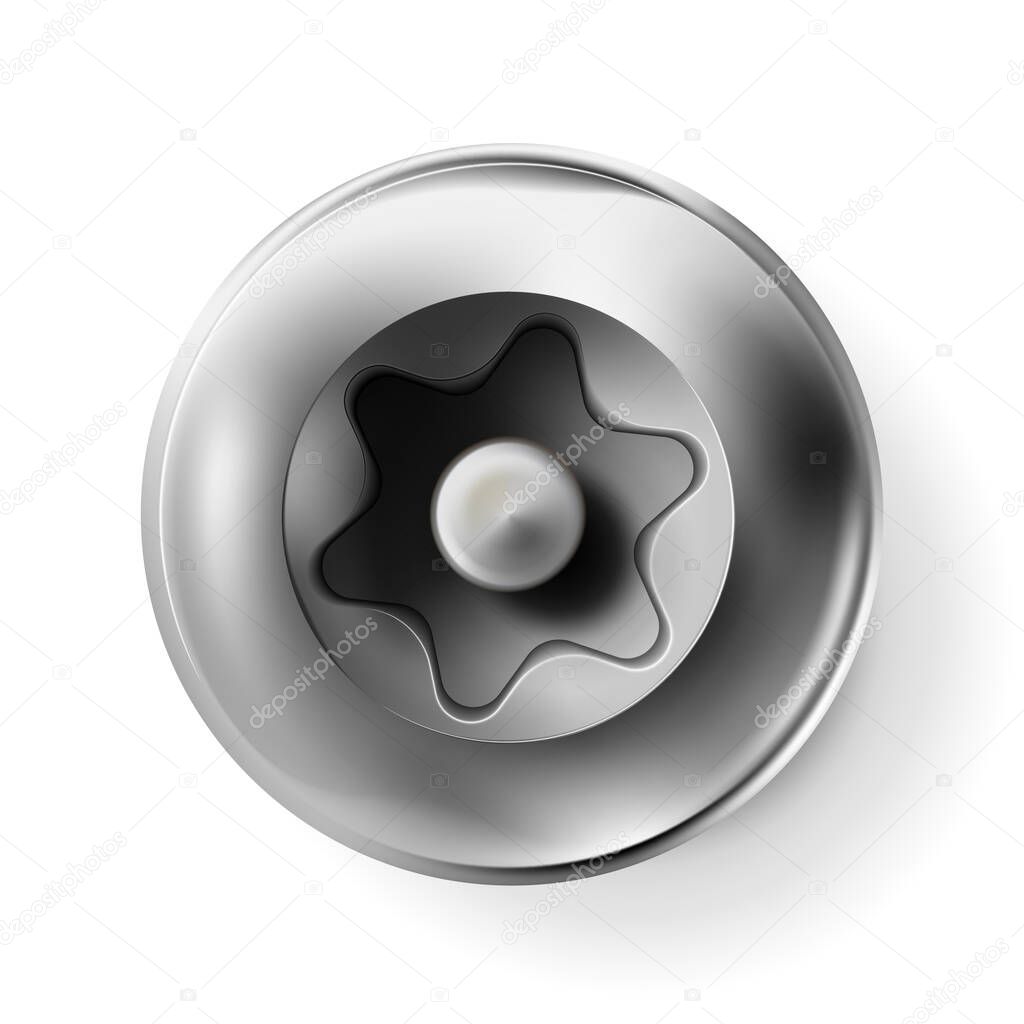 Metal tamper resistant torx screw, bolt with a cylindrical head. Shiny cap twisted in surface isolated on white background. Macro chrome top view of wide a hat metalwares. Vector illustration Eps 10.