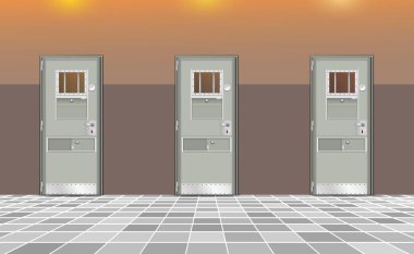 Arka plan hapishanesi, Avrupa 'nın iç kesimlerindeki trend. Gri kapılı modern hapishane hücreleri. Hapiste, karanlık. Tasarımınız ve mutlu özgürlük yoksunluğunuz için detaylı örnekler. 10 saniye.