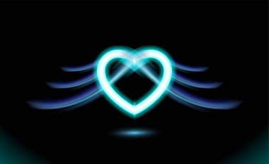 Kanatlı soyut neon kalp, gotik anime, Sevgililer Günü 'nde aşkın mavi ışıltılı etkisi. Tatil tasarımı, gece romantizmi kavramı aşk. Karanlık vektör aydınlatma sanatı çizimi.